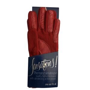 Vtg Sensations By Isotoner Red Knit Leather Palms OSFM Flexible Slenderizor Fit